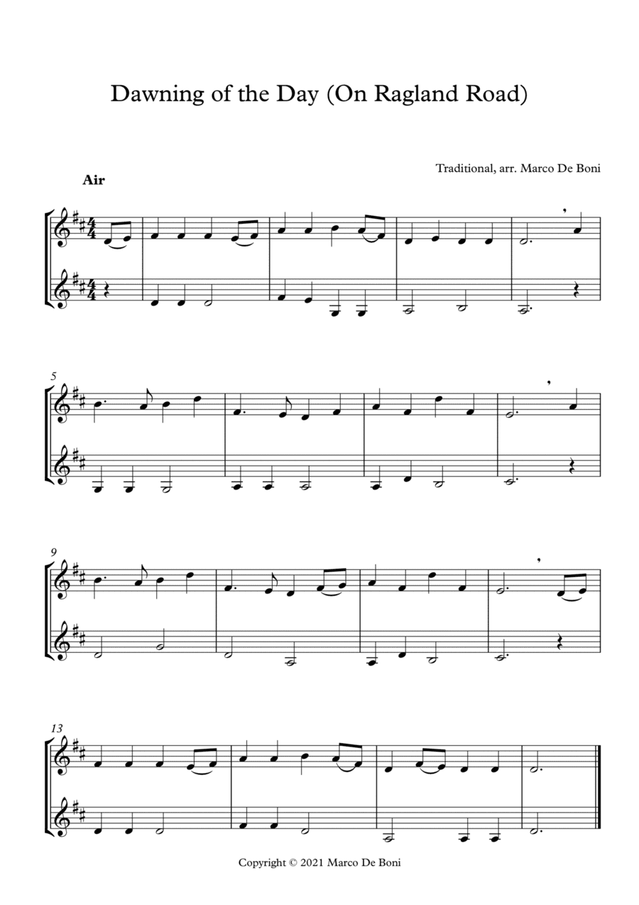 Dawning of the Day (trad. Irish air aka On Ragland Road), easy violin duet (arr. Marco De Boni)