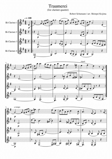 Schumann : Traumerei (for Clarinet Quartet) (arr. Shimpei Kojima)