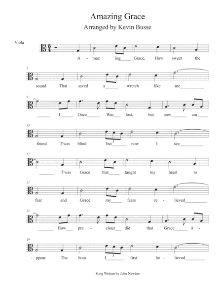 Amazing Grace - (In the easy key of C) - Viola (arr. Kevin Busse)