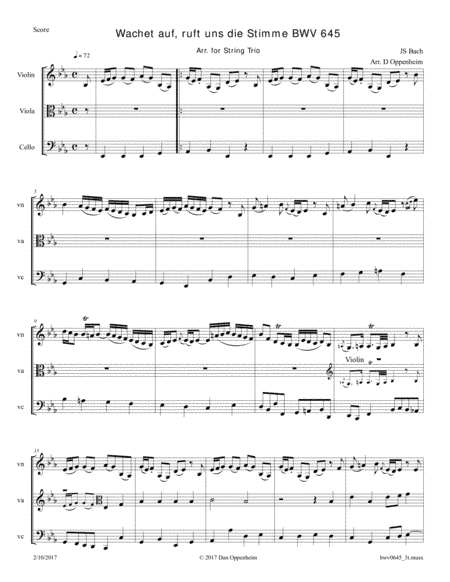 Bach: Wachet auf, ruft uns die Stimme BWV 645 arr. for String Trio (arr. D Oppenheim)