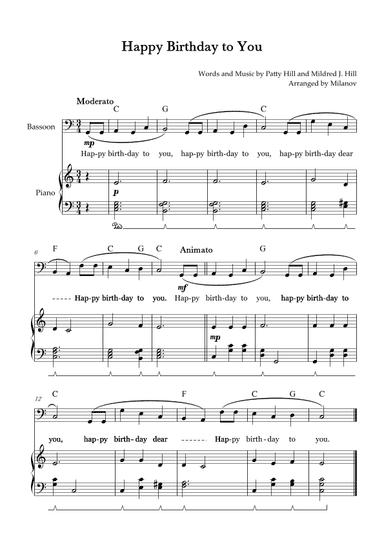 Happy Birthday to You | Bassoon | C Major | Piano accompaniment | Pedal | Chords | Lyrics (arr. Milanov)