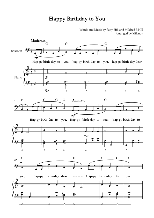 Happy Birthday to You | Bassoon | C Major | Piano accompaniment | Pedal | Chords | Lyrics (arr. Milanov)