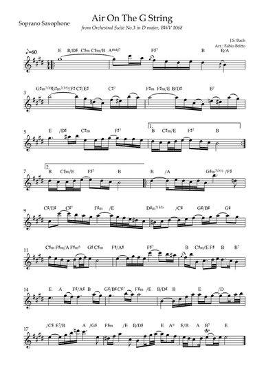 Air On The G String (J.S. Bach) for Soprano Saxophone Solo with Chords (arr. Fabio Britto)