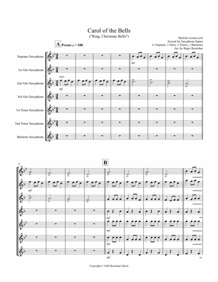 Carol of the Bells (F min) (Saxophone Septet - 1 Sop, 3 Alto, 2 Ten, 1 Bari) (arr. Regis Bookshar)