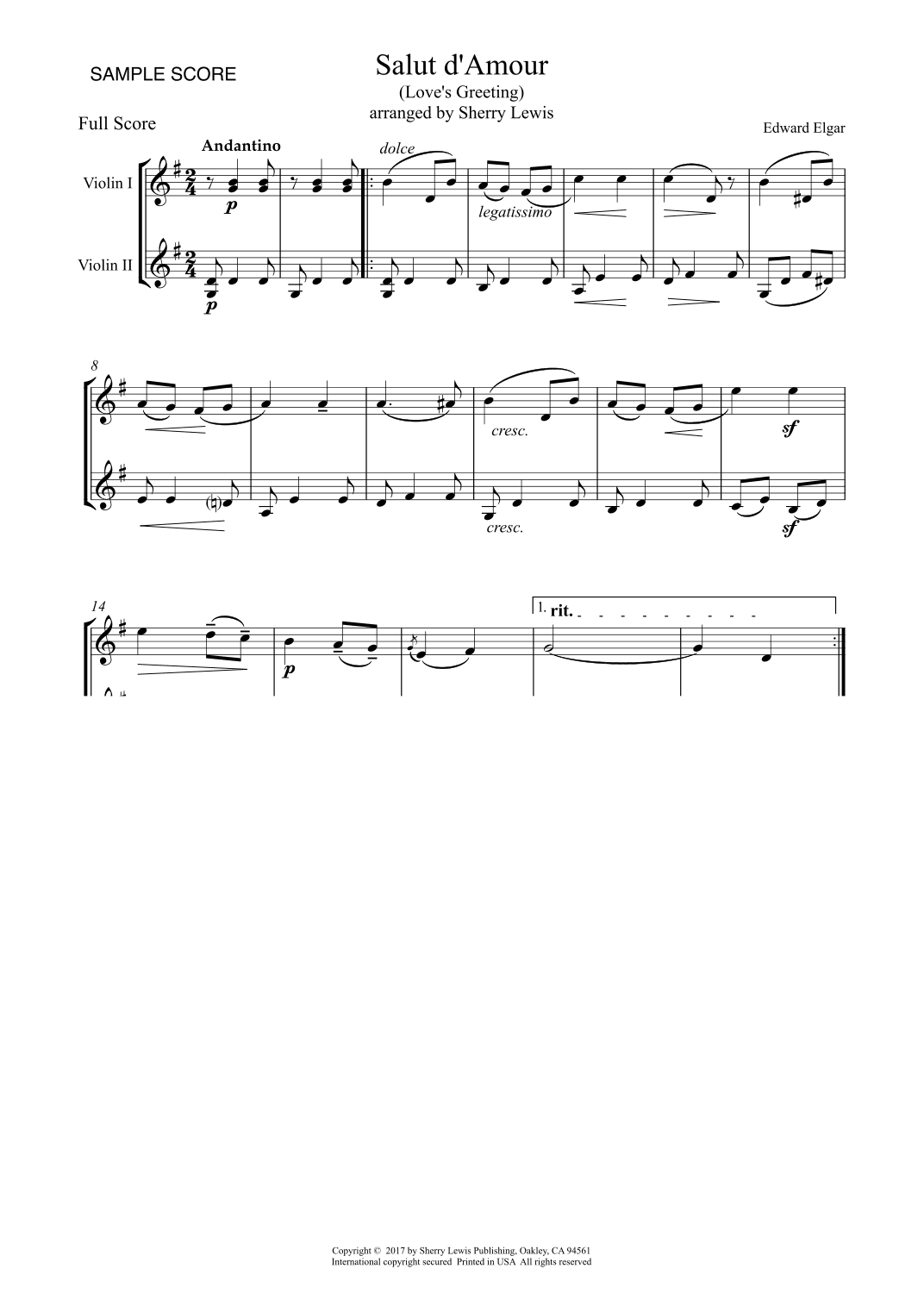 SALUT D'AMOUR, DUET FOR 2 VIOLINS, Intermediate Level (arr. Sherry Lewis)