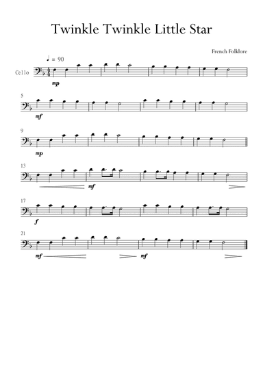 Twinkle Twinkle Little Star for Cello (Violoncello) in F Major. Very Easy. (arr. Matheus Araújo)