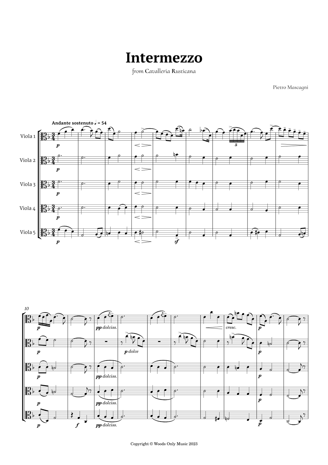 Intermezzo from Cavalleria Rusticana by Mascagni for Viola Quintet (arr. Ander)
