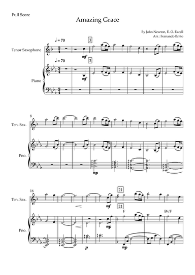 Amazing Grace for Tenor Saxophone Solo and Piano Accompaniment with Chords (arr. Fernando Britto)