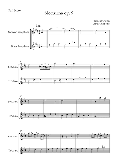 Nocturne Op.9 No. 2 (Frédéric Chopin) for Soprano Saxophone & Tenor Saxophone Duo (arr. Fabio Britto)