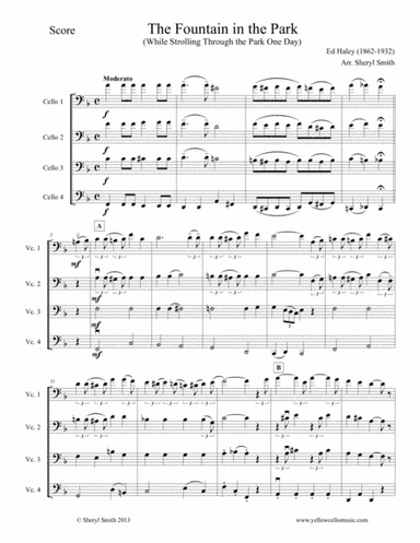 Fountain in the Park (While Strolling through the Park one Day) for intermediate cello quartet (arr. Yellow Cello Music)