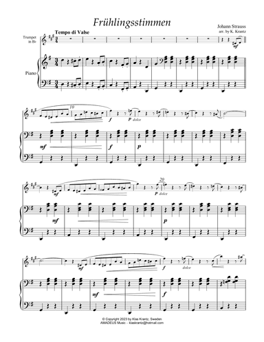 Frühlingsstimmen / Voices of Spring for trumpet in Bb and piano (G Major) (arr. K. Krantz)