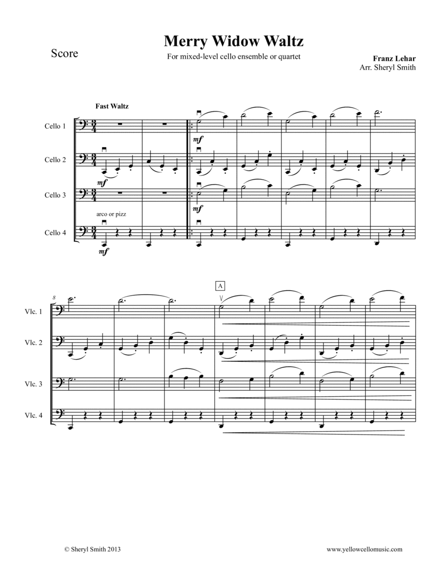 Waltz from The Merry Widow, in four parts, for cello ensemble or mixed-level cello quartet (arr. Yellow Cello Music)
