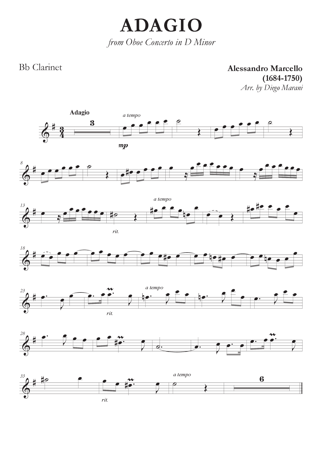 Marcello's Adagio for Clarinet and Piano (arr. Diego Marani)