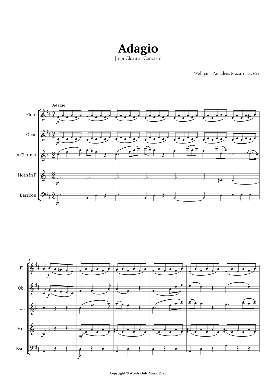 Adagio from Clarinet in A Concerto by Mozart for Woodwind Quintet (arr. Ander)