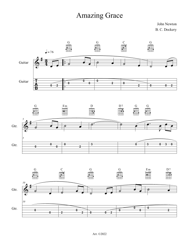 Amazing Grace (Guitar Solo with TAB) (arr. B. C. Dockery)