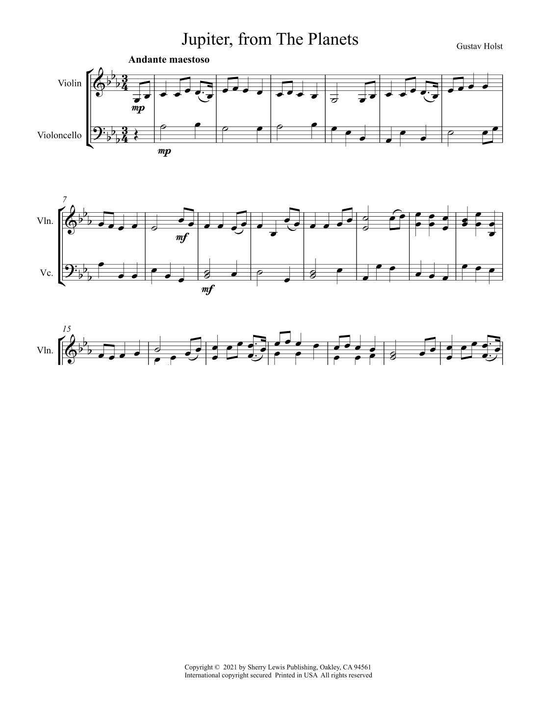 JUPITER from The Planets String Duo, Intermediate Level for violin and cello (arr. Sherry Lewis)