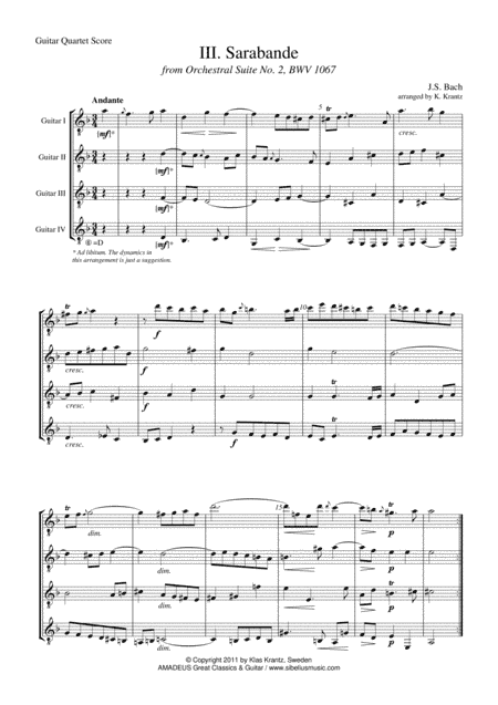 Sarabande Suite 2 BWV 1067 for guitar quartet (arr. Amadeus Music)