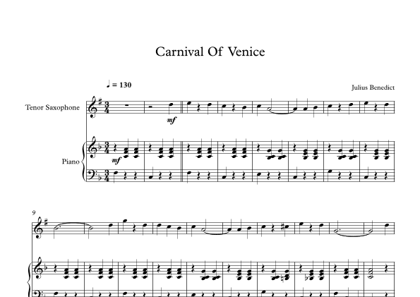 Carnival Of Venice - Julius Benedict (Tenor Sax + Piano) (arr. Digital Book Music)