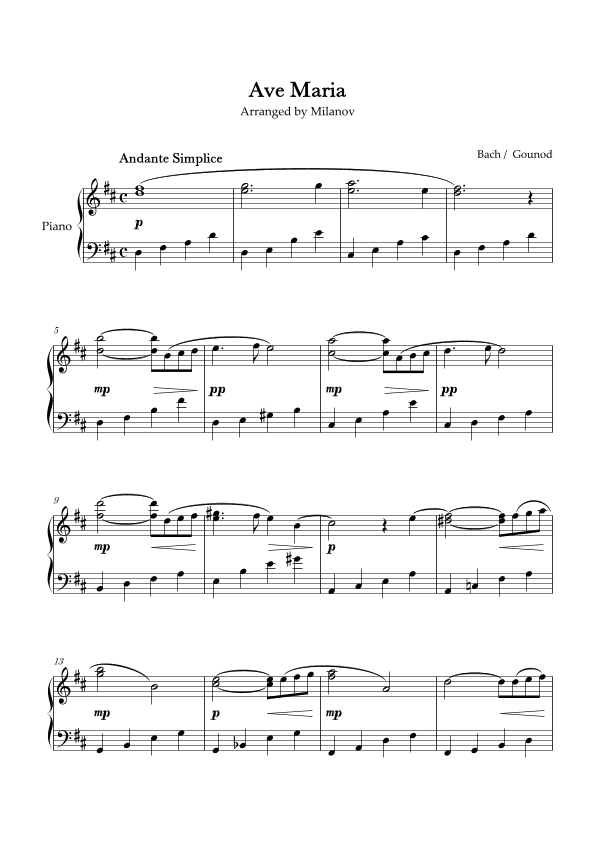 Ave Maria Bach Gounod in D Intermediate Piano (arr. Milanov)