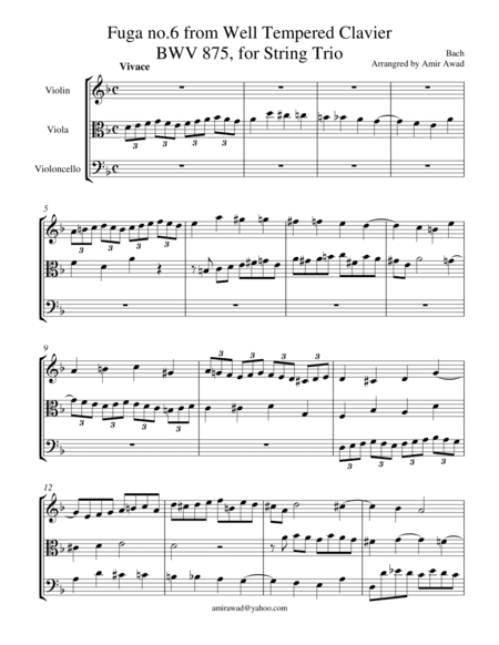 Bach : Fugue no.6 BWV 875 arranged for String Trio , from Well Tempered Clavier Book 2 (arr. Amir Awad)