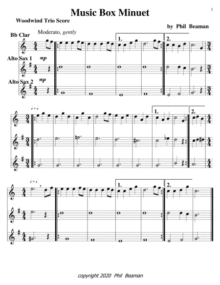 Music Box Minuet-1 Bb Clarinet-2 Alto Saxophone trio