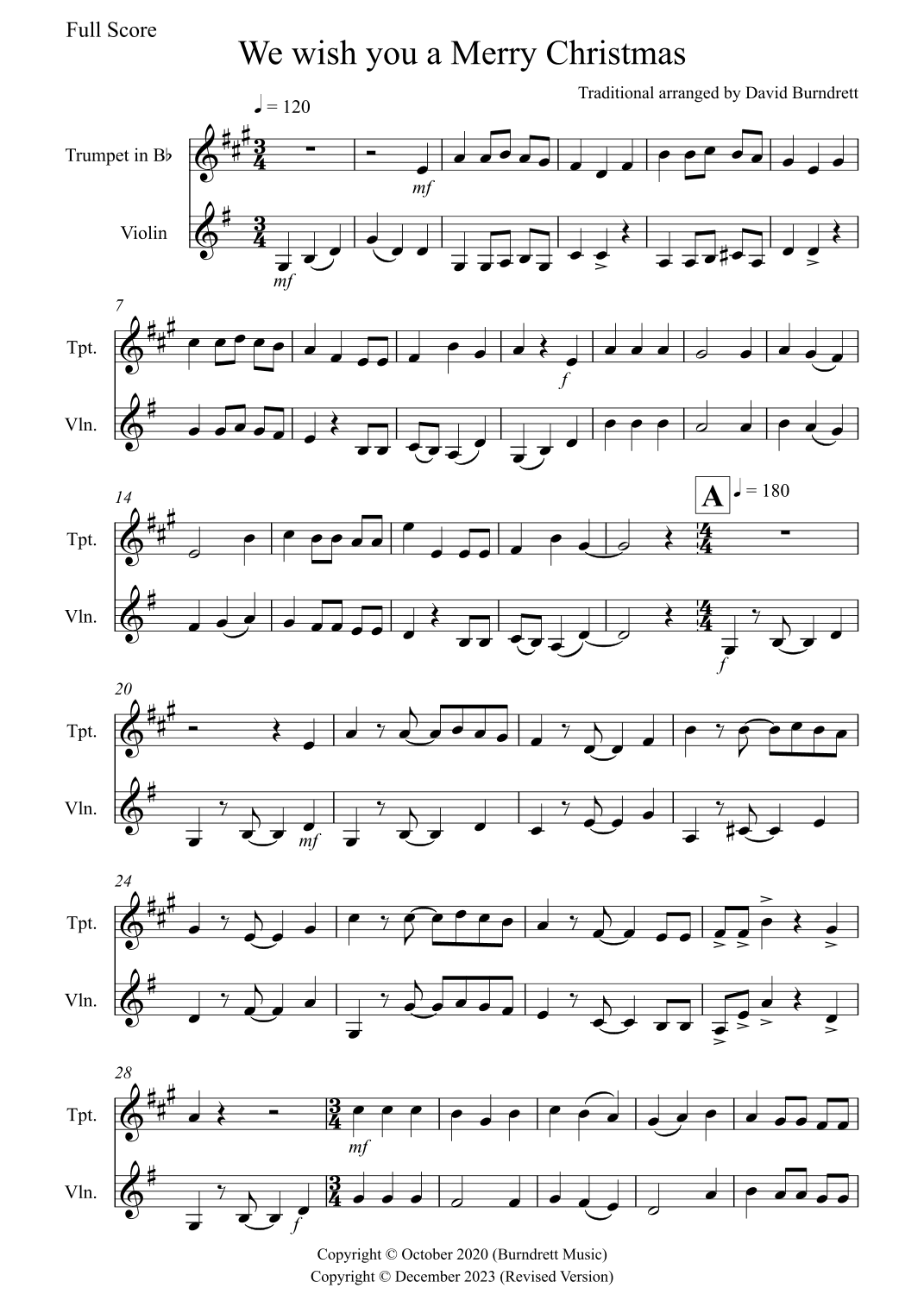 We Wish You a Merry Christmas for Trumpet and Violin Duet (arr. David Burndrett)