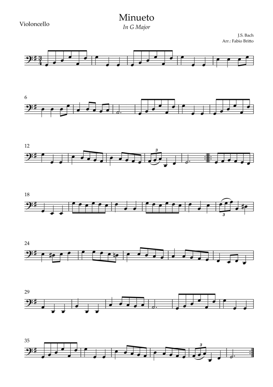 Minueto in G Major ( J.S. Bach) for Cello Solo (arr. Fabio Britto)