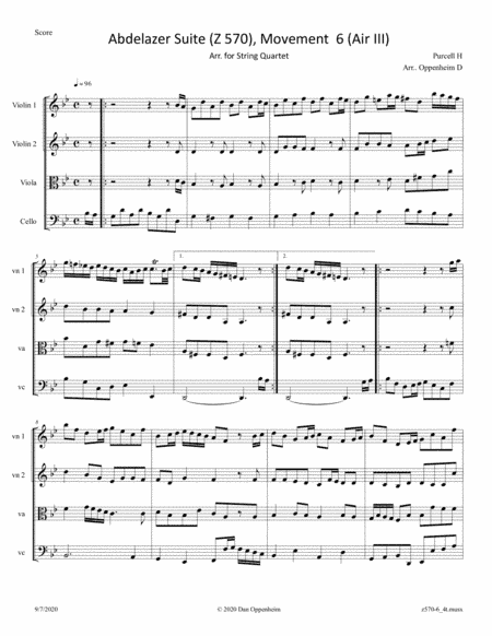 Purcell: Abdelazer Suite (Z 570), Movement 6 (Air III) arr. for String Quartet (arr. D Oppenheim)