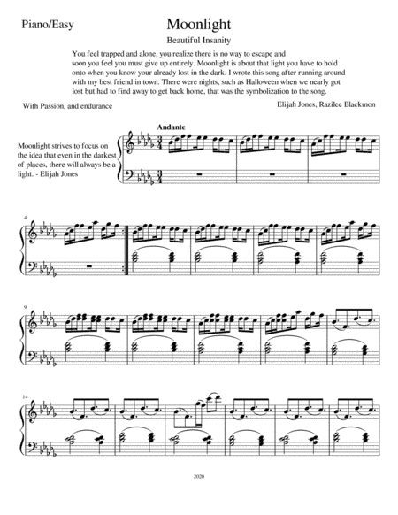 Moonlight - Beautiful Insanity (Elijah Jones/ Piano Sheet Music)