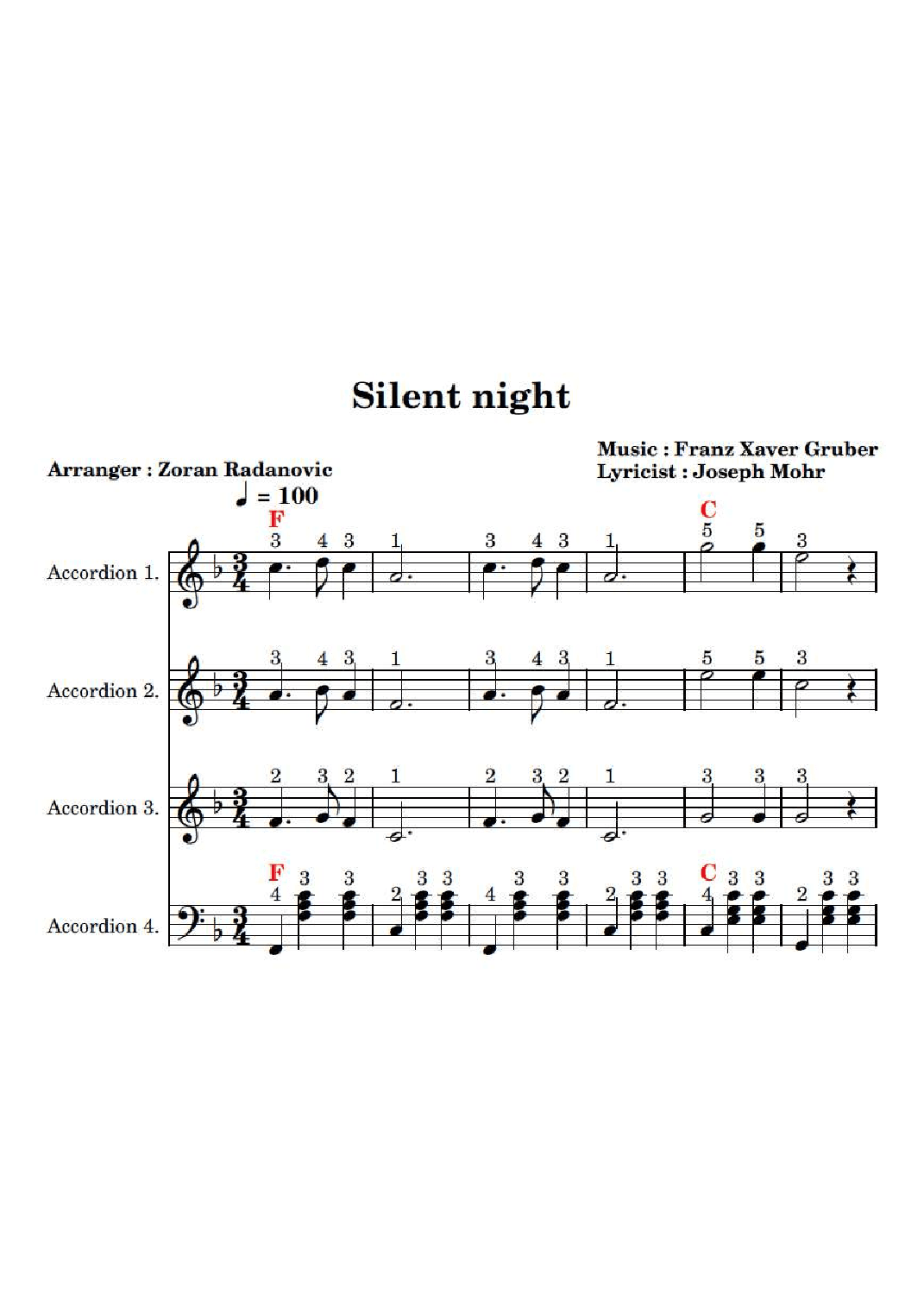 Silent night (Stille Nacht) - quartet accordion (arr. Zoran Radanovic)