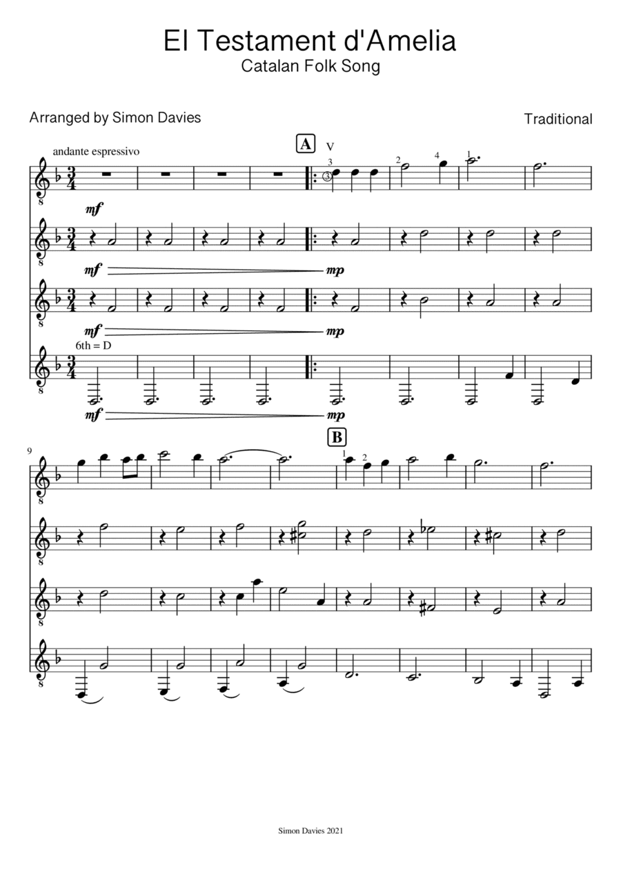 El Testament d'Amelia (for Guitar Ensemble) (arr. Simon Davies)