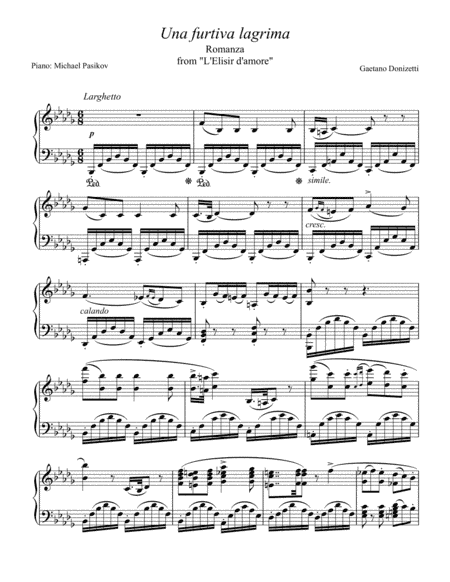 Una Furtiva Lagrima for Piano Solo (arr. Michael Pasikov)