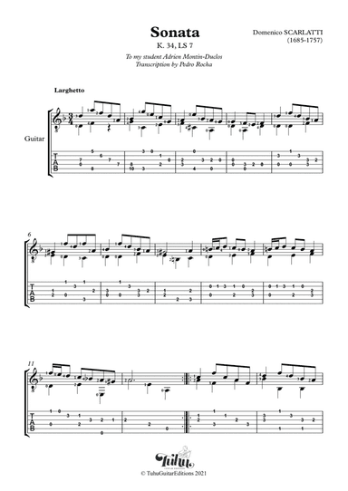 SCARLATTI, Domenico - Sonata K.34, LS 7 (TAB) (arr. Pedro Rocha)