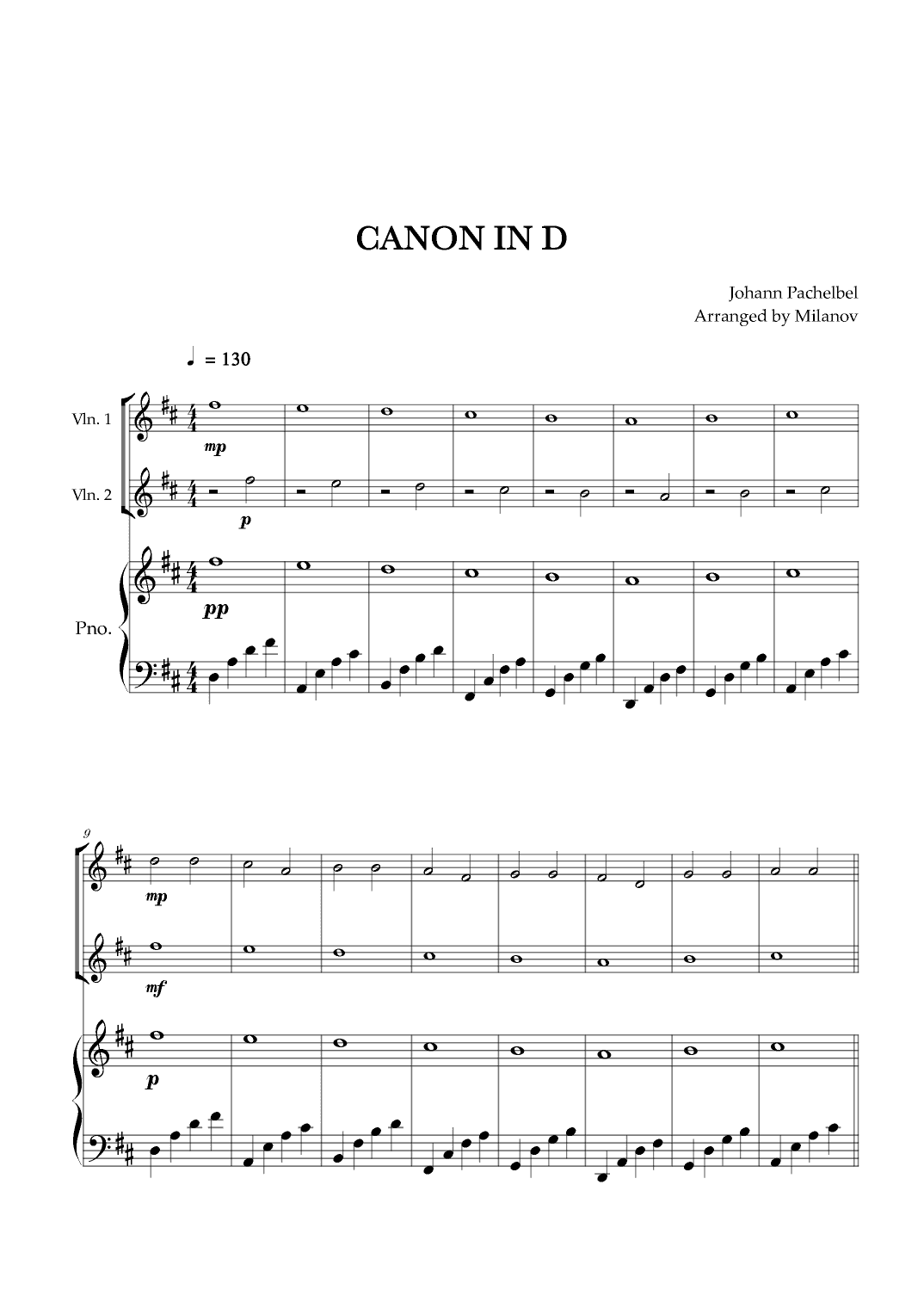 Canon in D | Pachelbel | Violin Duet | Piano accompaniment (arr. Milanov)