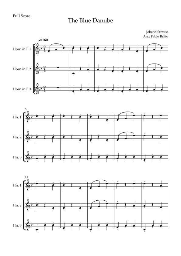 The Blue Danube (Waltz by Johann Strauss) for Horn in F Trio (arr. Fabio Britto)