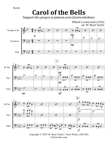 Carol of the Bells for Brass Trio (Trumpet, Trombone, Tuba) (arr. M. Ryan Taylor)