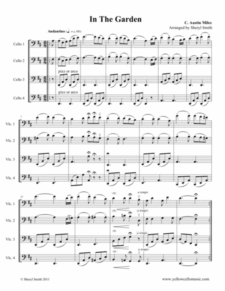 In The Garden, a traditional Christian hymn arranged for four intermediate cellists (cello quartet, (arr. Yellow Cello Music)