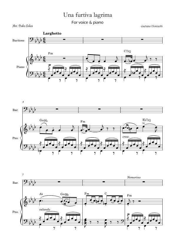 Una Furtiva Lagrima (Baritone in Fm) (arr. Pedro Cohen)