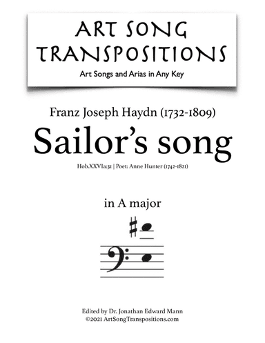 HAYDN: Sailor's Song (transposed to A major, bass clef) (arr. ArtSongTranspositions.com)