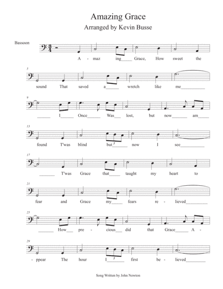 Amazing Grace - (In the easy key of C) - Bassoon (arr. Kevin Busse)