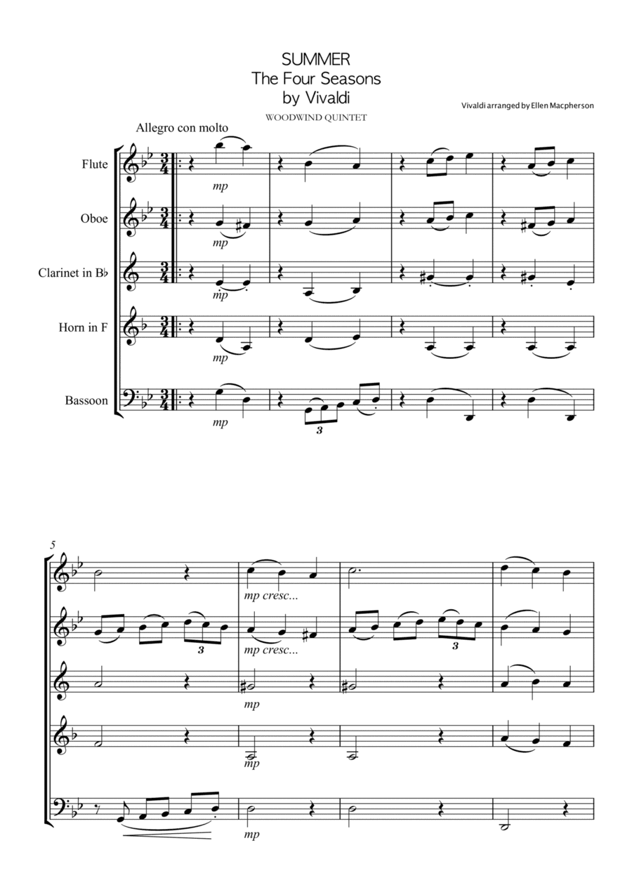 SUMMER by VIVALDI for WOODWIND QUINTET (arr. Ellen Macpherson)