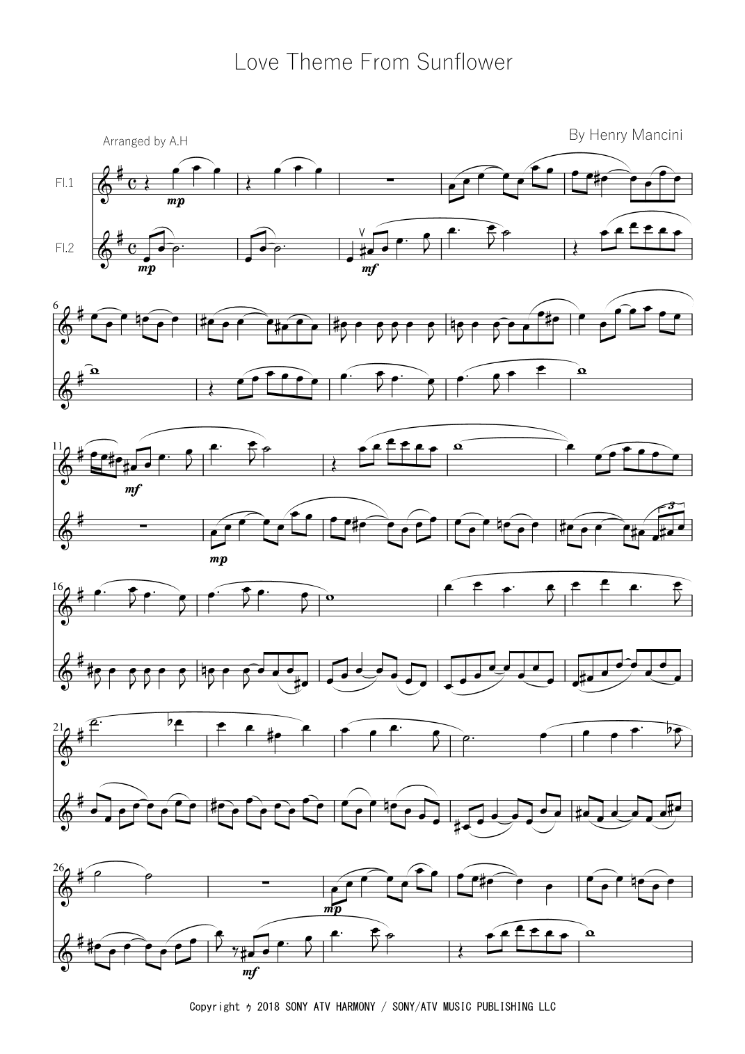 Love Theme From Sunflower (arr. Akemi Hirano)