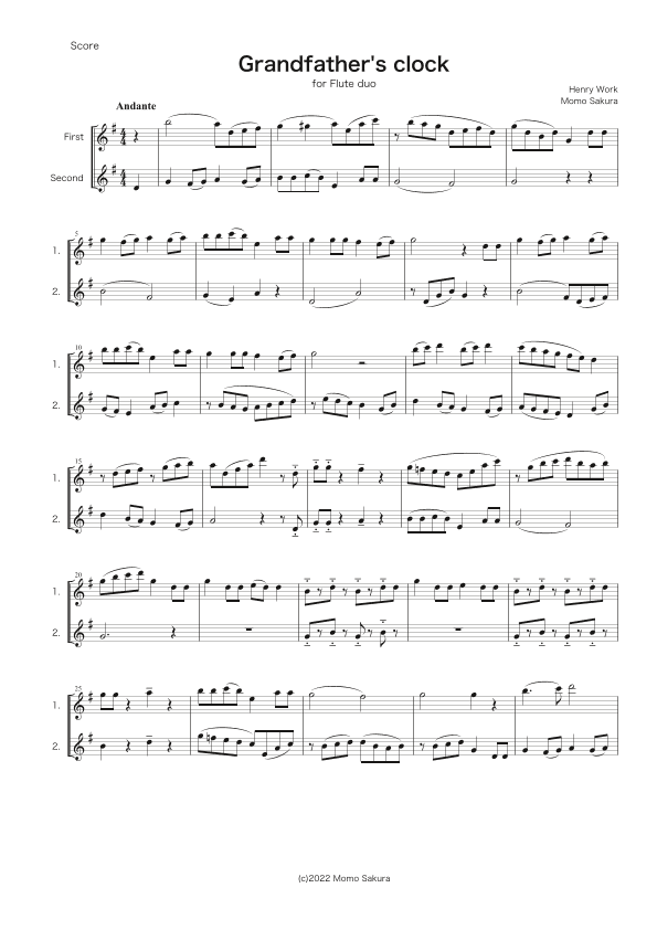 Grandfather's clock for 2 Flutes, Flute duet (arr. Momo Sakura)