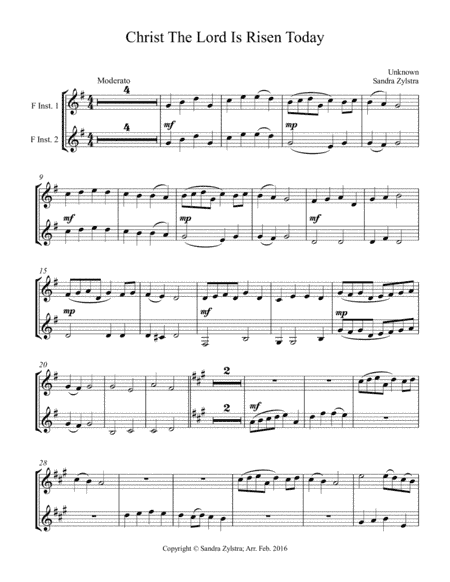 Christ The Lord Is Risen Today (treble F instrument duet, parts only) (arr. Sandra Zylstra)