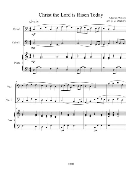 Christ the Lord is Risen Today (cello duet) with optional piano accompaniment (arr. B. C. Dockery)