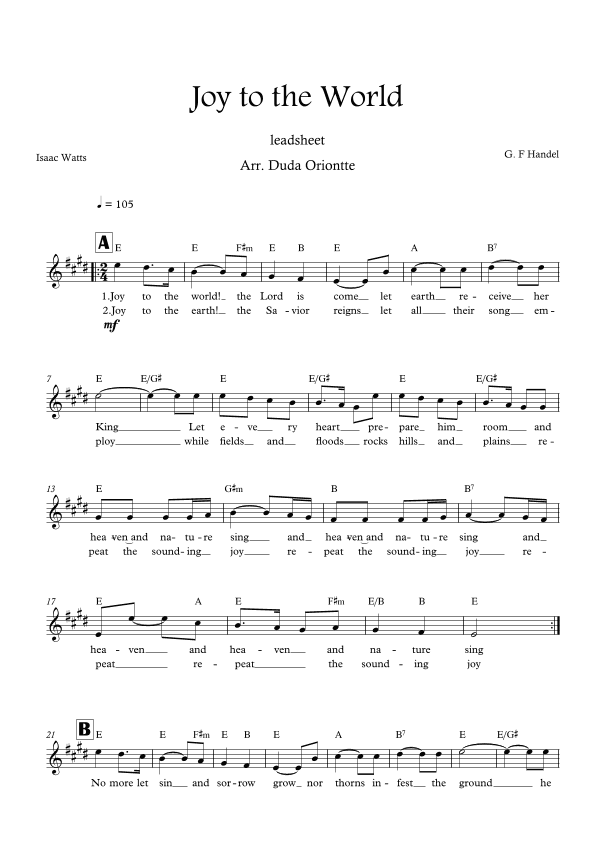 Joy to the World (E major - leadsheet - with lyrics) (arr. Duda Oriontte)