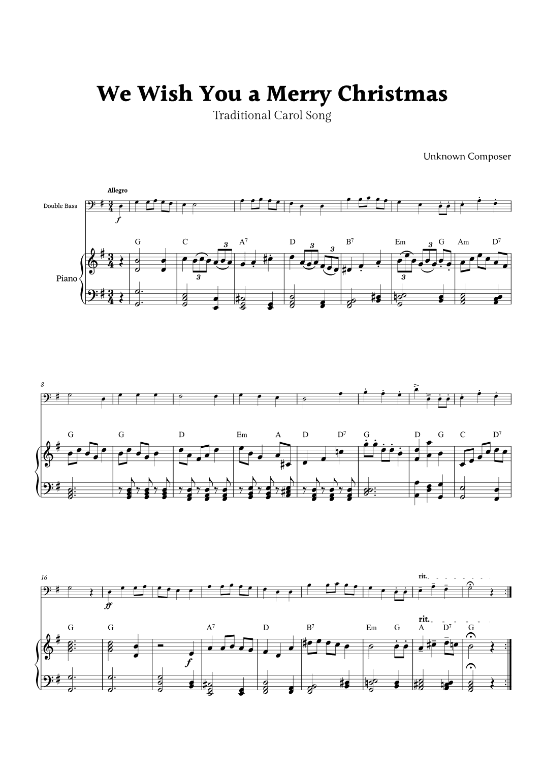 We Wish you a Merry Christmas for Double Bass and Piano (arr. Rika K.)