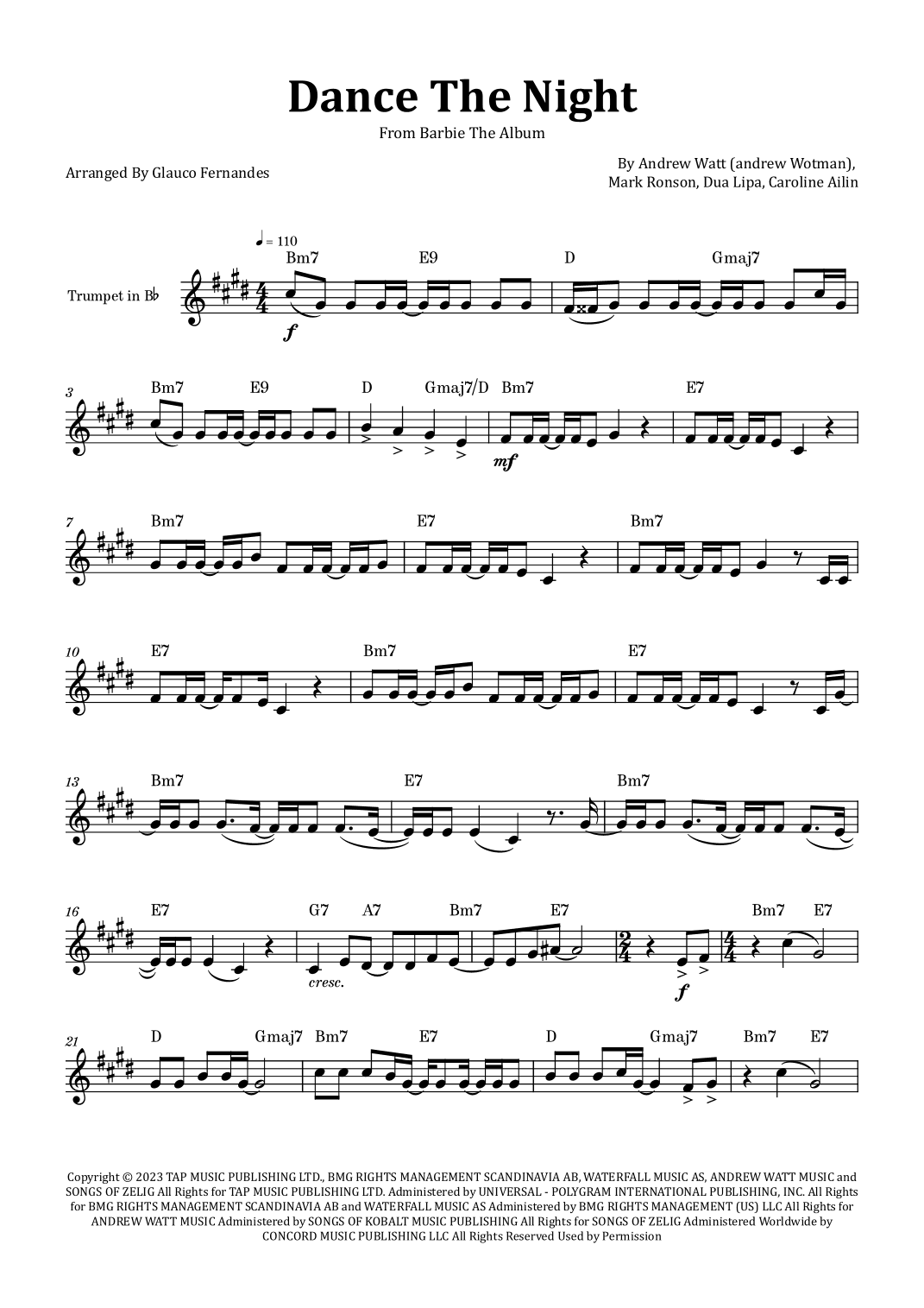 Dance The Night (arr. Glauco Fernandes)