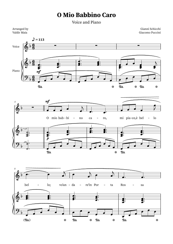 O Mio Babbino Caro - Female Voice in F Major (arr. Valdir Maia)
