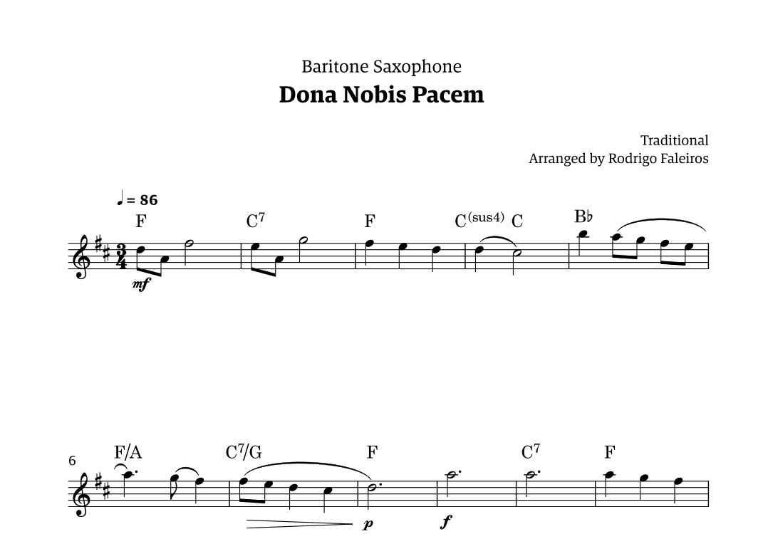 Dona Nobis Pacem - for baritone saxophone (with chords) (arr. Rodrigo Faleiros)